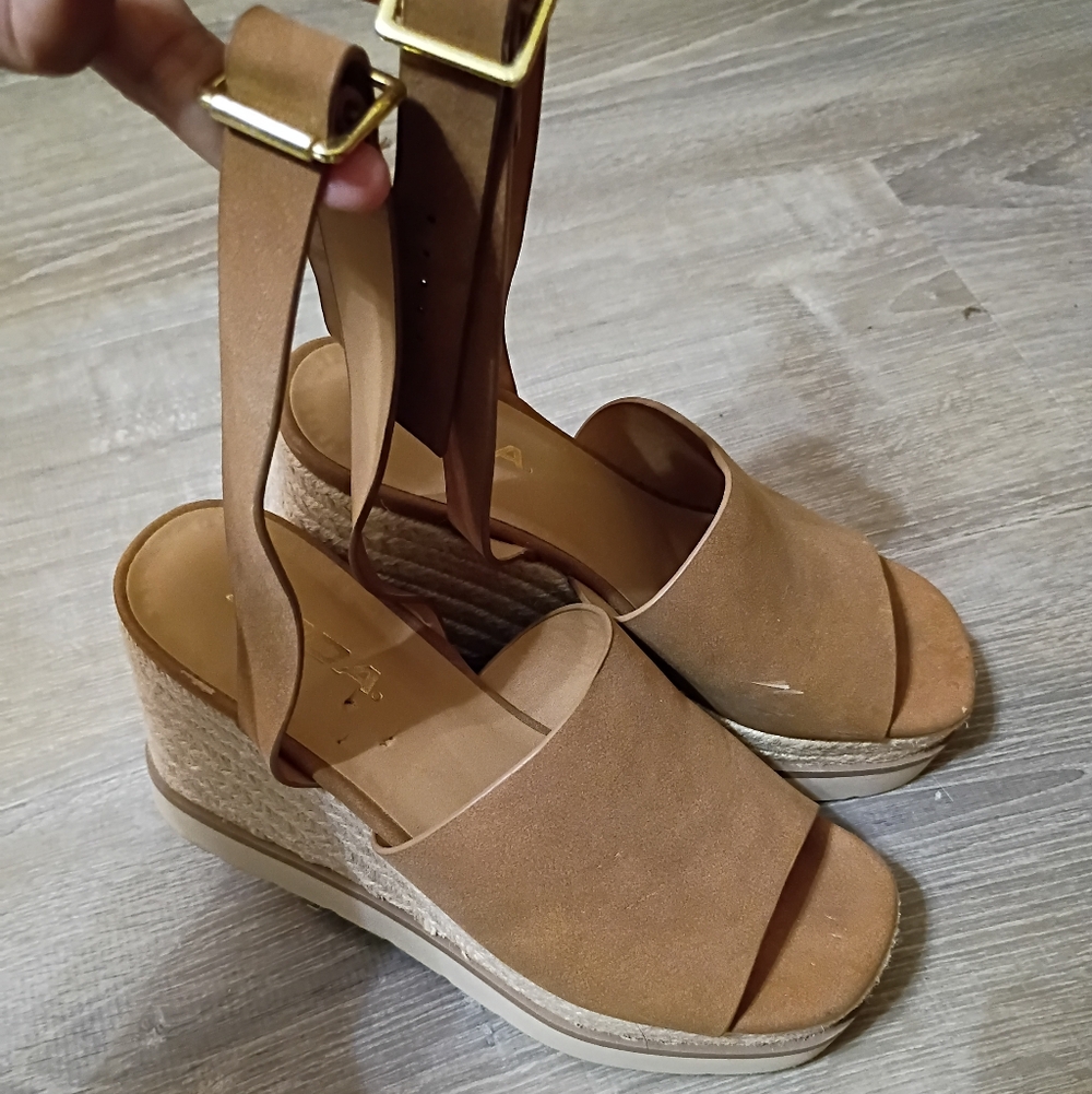 Women's Tan Espadrille Wedge Sandals - Ankle Strap